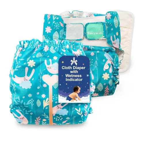 Reusable Cloth Diapers with Wetness Indicator, Swim Diaper, 1 Waterproof Covers&Insert One Size Adjustable Washable Diapers for Newborns, Baby (11-33 pounds, 0-3 Years, Bunny)