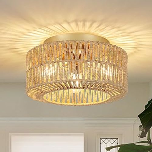 Boho Light Fixtures, 3-Light Farmhouse Rattan Ceiling Light, Flush Mount with Hand-Woven Shade, Modern Chandelier for Living, Bedroom, Entryway, Kitchen, Nursery