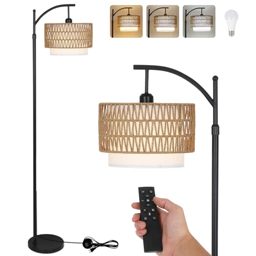 Arc Floor Lamp for Living Room with 3 Color Temperatures, Farmhouse Floor Lamps with Remote & Dimmable Bulb, Boho Standing Lamp with Rattan & Fabric Shades, Adjustable Tall Lamp for Bedroom, Office