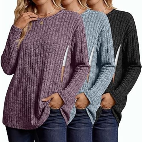 3 Pack Women's Nursing Shirts for Breastfeeding Zipper Ribbed Maternity Tops Lightweight Oversized Sweater