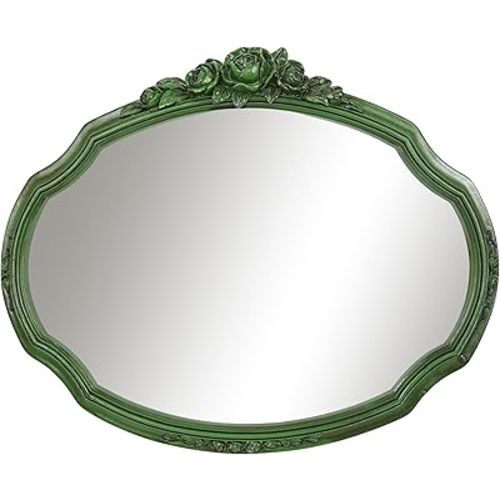 Vintage Oval Mirror with Rose Floral Carvings, 17x13.5 Inches Green Decorative Mirrors for Wall, Antique Style Vanity Mirror for Bedroom Living Room Bathroom Entryway Decor