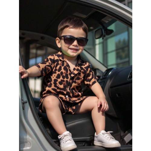Bubblio 2pcs Baby Boy Leopard Pattern Lapel Short Sleeve Cardigan Top And Elastic Waist Shorts Set | SHEIN USA