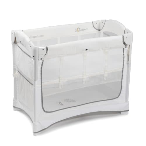Arm’s Reach Mini Ezee 2 in 1 Co-Sleeper Bedside Bassinet Featuring Breathable Mesh Side Panels with 2 Wheels for Portability, Side Pockets, and Bottom Storage, White