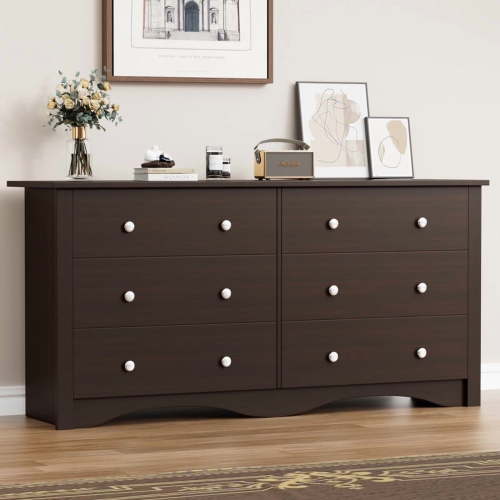 Lumihaven Rustic Modern Chest of 6 Drawers,Extra Wide Double Dresser for Master Bedroom or Nursery Storage,Brown