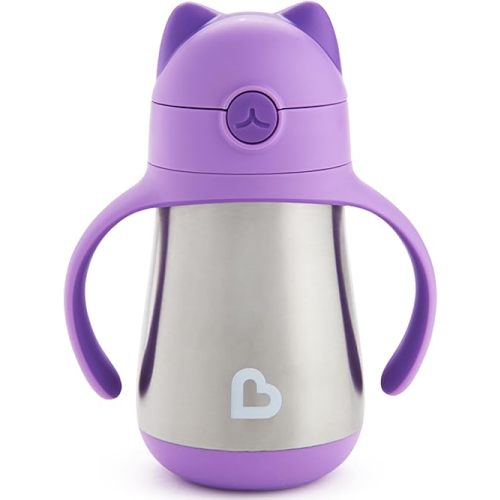 Munchkin Cool Cat Sippy Cup with Straw for Toddlers, Stainless Steel Straw Cup, 8 Ounce, Purple