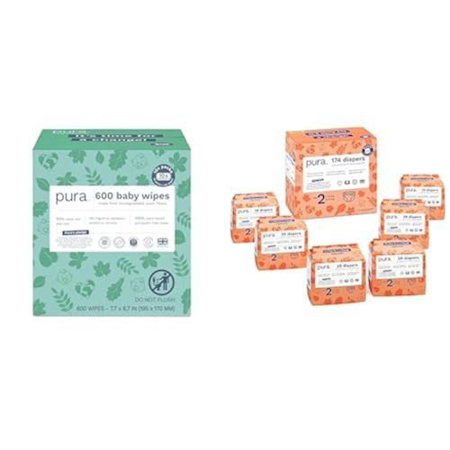 Pura Bundles of Joy - Newborn Baby Starter Bundle, Size 2 Eco-Friendly Diapers (174 Diapers) & 99% Water Baby Wipes (600 Wipes) TCF, Suitable for Sensitive Skin, Fragrance Free & Hypoal
