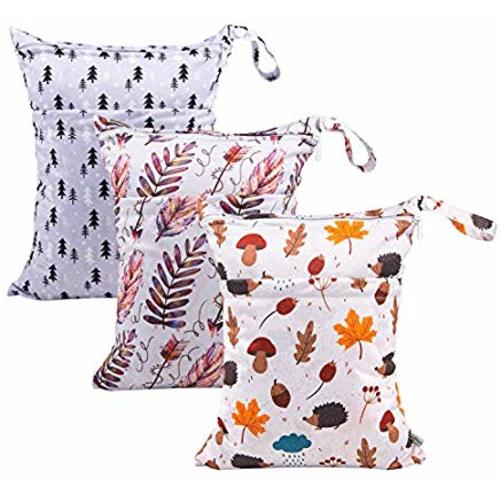 Babygoal Wet Dry Bags for Baby Cloth Diapers, Washable Travel Bags,Beach,Pool,Gym Bag for Swimsuits &Wet Clothes with Two Zippered Pockets 3 Pack, 3LN04 - Medium - Leaves