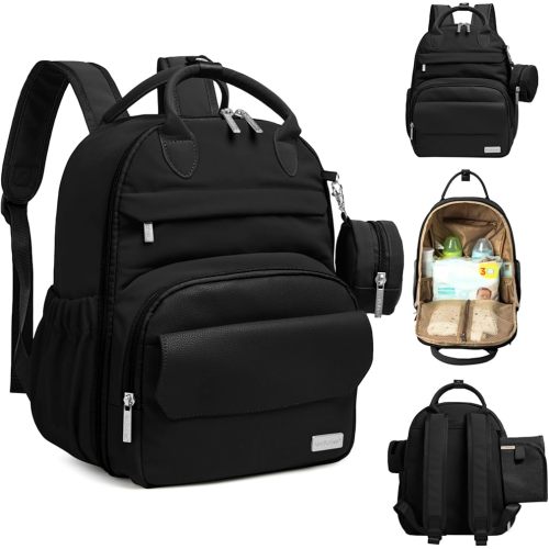 KeaBabies Diaper Bag Backpack - Small Multifunctional Travel Diaper Back Packs, Maternity Baby Changing Bags, 12L Capacity, PU Leather, Waterproof, Unisex, Nappy Changing Pad (Trendy Black, Small)