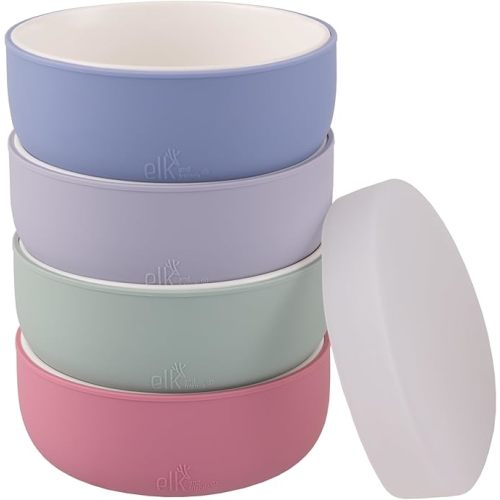 Elk and Friends Kids Porcelain Bowls with Silicone Suction Sleeves | Lids Included | Suitable for Babies/Toddlers | Microwave & Dishwasher Safe | Stay Put Dinnerware | Snack Dishes | 4 Pack