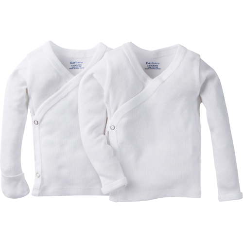 Gerber Baby Boy or Girl Gender Neutral White Long Sleeve Side Snap Shirt with Mitten Cuffs, 6-Pack
