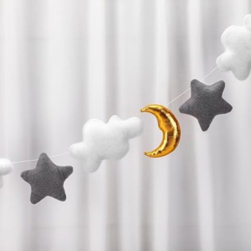 XunYee 5ft 3D Cloud Decorations Moon and Stars Nursery Decor Felt Cloud Banner Garland for over The Moon Baby Shower Decorations Birthday Party