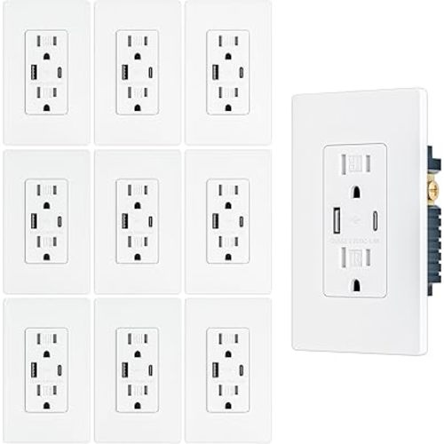 10 Pack - BRILLTECH 4.8A/24W USB Outlet, Wall Outlet with Type C & Type A Ports, 15 Amp Receptacle Plug, Tamper-Resistant Receptacle, Screwless Wall Plate Include, UL Listed, White