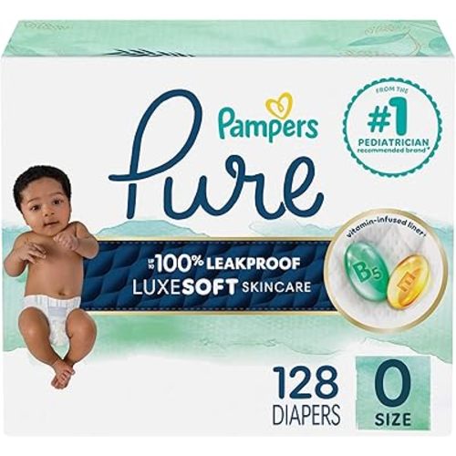 Pampers Pure Protection Baby Diapers, Size 0 (10 lbs ), 128 Count, Up to 100% Leakproof, Premium Plant-based Skin Protection, Hypoallergenic Soft Diapers