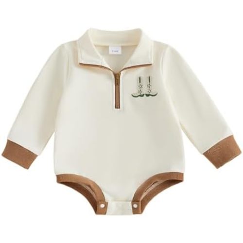 Country Baby Boy Girl Outfit Newborn Western Romper Cowboy Boots Embroidery Collared Bodysuit Long Sleeve Clothes