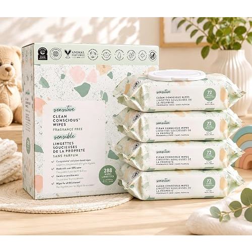 Sensitive Baby Wipes, Fragrance Free, 288 Wipes (72 Wipes x 4 Packs)