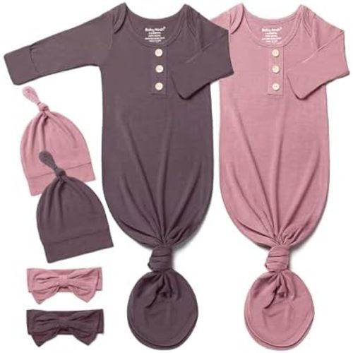 Baby Noah Newborn Knotted Gown Set with Hat and Headband, Soft Tie Bottom Newborn Sleepers for Baby Girl Boy (2 Packs)