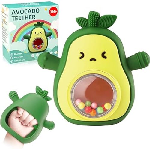 Baby Teether & Rattle Toys Avocado Teething Mitten for Sucking Needs -Anti Dropping Wrist Hand, Silicone Teethers Baby Chew Toys for Babies Over 3 Months, BPA Free