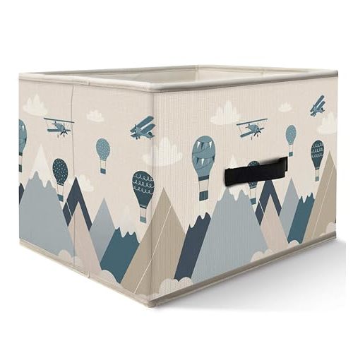 Nogrit Sky Adventure Storage Bins Box, Toybox for Boys, Blue Aircraft Hot Air Balloon Foldable Baskets Organizer Container with Handles for Kids Boys Bedroom Bathroom Clothes Toys Books