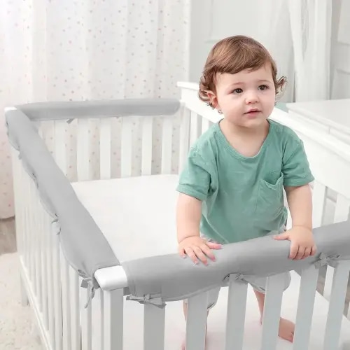 Soft Banister Cover -Crib Rail Collision & Teething Guard, Designed for Crib Top Rail Only (Not Side Rails) - Fits Standard Rails, 1 Long + 2 Short, Compliant with Infant Safe Sleep Act (Grey)