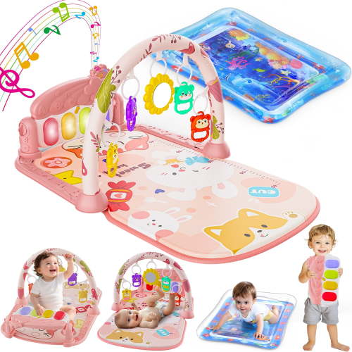 WonderStone Baby Gym Playmat for Infant,Tummy Time Water Mat with 5 Infant Sensory Baby Toys & Musical Piano Activity for 0-36 Months Boys Girls，Pink