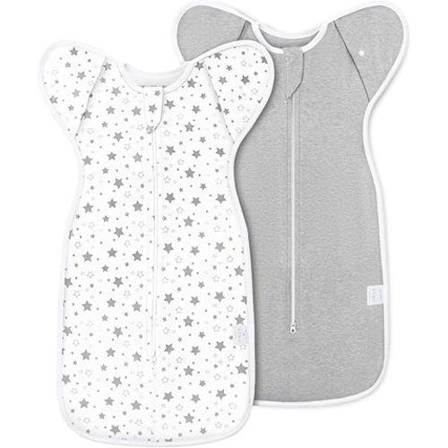 2-Pack Baby Swaddle Sleep Sack 0-3 Months - Arms Up Transitional Swaddle for Newborns, Baby Sleep Sack with Cuff Removable & 2-Way Zipper, Gray Stars Design