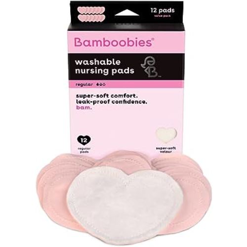 Bamboobies Women’s Nursing Pads, Reusable and Washable for Daily Use, Leak-Proof Pads for Breastfeeding, Pink, 12 Pads
