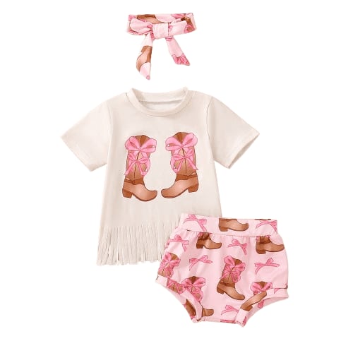 Okgogo Baby Girls' Cowboy Boots Graphic Tassel Top, Pink Shorts & Matching Headband 3 - Piece Set