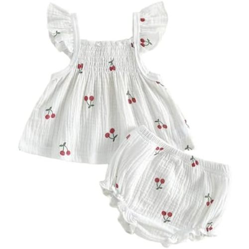 Mubineo Baby Girl Summer Clothes Cute Basic Plain Cotton Linen Ruffle Tops Dress Shorts Outfits Set Shirt Princess Outfit