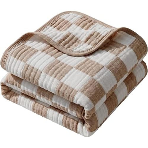 6-Layer Muslin Toddler Blanket - Made with Organic Cotton, Large 50x60 Crib Quilt & Bedding for Kids & Moms (Coffee Checkered)