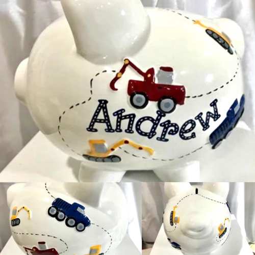 Personalized  Construction Vehicles Piggy Bank for Boys, Back Hoe, Dump Trucks - Newborn, Baby Boy Christening, Birthday, Baby Shower Gift