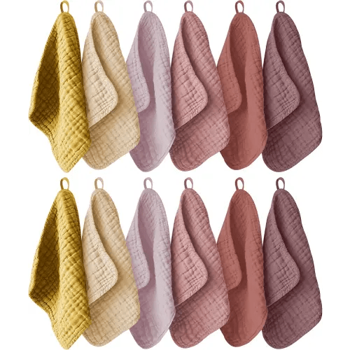 12 Pack Muslin Washcloths for Baby - 100% Cotton Baby Wash Cloths for or Baby Face Body Comfy and Soft for Newborn Infants Kids Girls and Boys - 12"x12" - Brown, Honey and Bean Paste Series