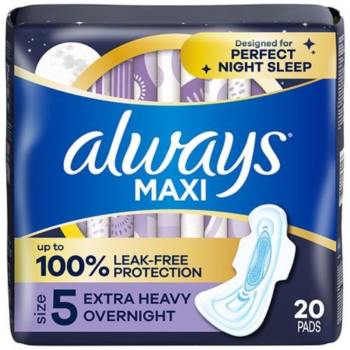 Always Maxi Pads with Wings for Women No Scent, Size 5, Extra Heavy Overnight Absorbency