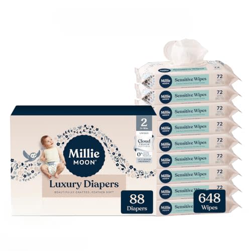 Millie Diapers Size 2, 88 Count & Sensitive Baby Wipes, 648 Count | CloudTouch Softness, 12-Hour Protection, Wetness Indicator, Plant-Based Plastic-Free Wipes, Fragrance-Free