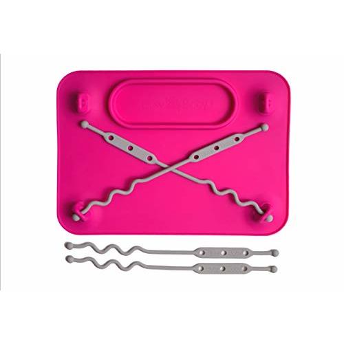 BUSY BABY MAT | Silicone Suction Placemat for Babies & Toddlers with 4 Adjustable Tethers to Attach Toys | Keep Toys Off The Floor, Diswasher Safe, BPA Free | Includes Travel Sleeve (Pink)