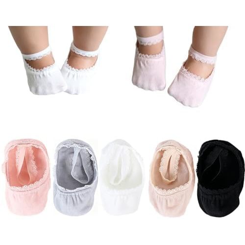 Baby Girls Anti Slip Lace Frill Socks Non-Slip Grip Princess No-Show Socks for Newborns Infants Toddlers 5 Pairs