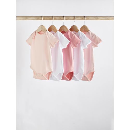 Pink/White 5 Pack Essential Short Sleeve Baby Bodysuits