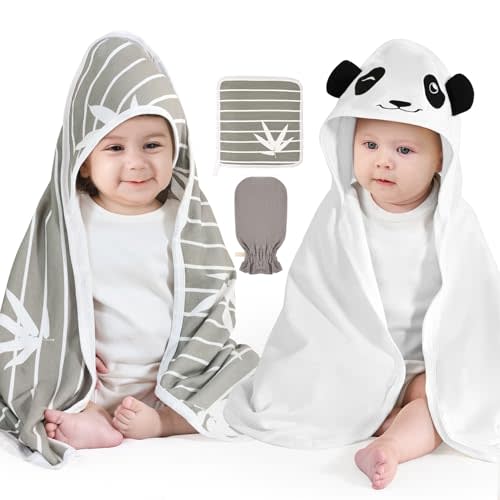 Hooded Baby Bath Towels Set of 2-4 Piece Bamboo Bath Essential Must Haves Newborn Stuff, Shower Registry Gifts for Infant, Toddler (28 X 28 Inch, Panda)