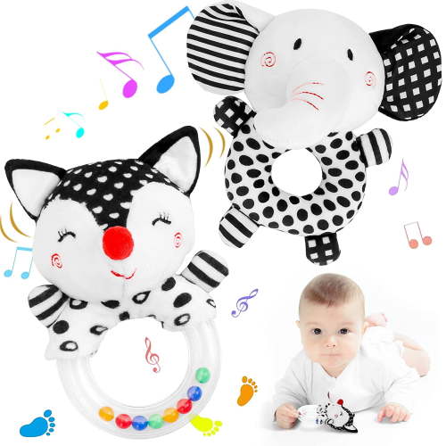 Baby Rattles 0-6 Months: Soft Rattles for Babies 0-6 Months Newborn Sensory Toys, High Contrast Black and White Baby Toys 0-3 Months Plush Rattle Toy for Infant Boys Girls Shower Gift, 2PCS