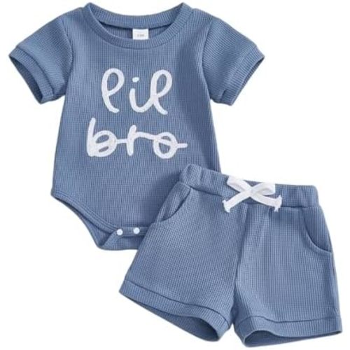 Amiblvowa Newborn 0 3 6 9 12 Months Baby Boy Summer Clothes Letter Print Romper Short Sets Waffle Knit 2 Piece Infant Outfits