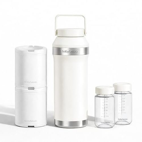 Baby Brezza All Day Portable Breastmilk Cooler, Large 20z Capacity, Insulated Travel Bottle Includes 2 Ice Packs + 2 Bottles, Soft White