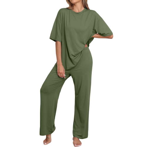 MINTREUS Lounge Sets for Women Knit Short Sleeve Tops and Long Pants Soft Comfy Pajamas Set Oversized 2 Piece Outfits
