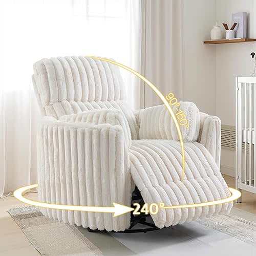 Jocisland Power Recliner Nursery Chair for Adults, Electric Swivel Rocking Glider with USB & Type-C Charge, Plush Corduroy Armchair with 2 Pillows,  Cream