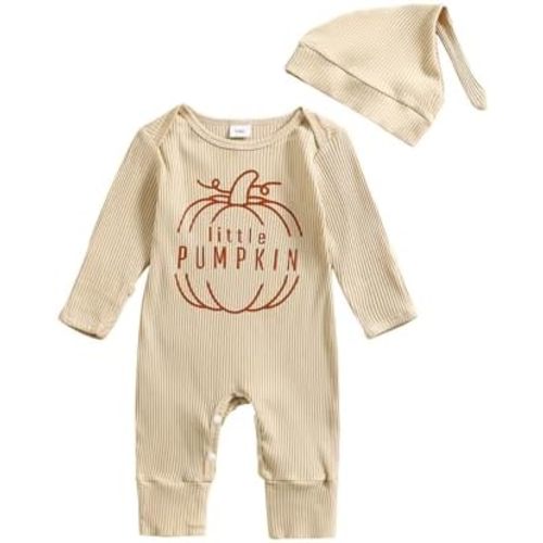 GOOCHEER Newborn Baby Boy Girl Halloween Coming Home Outfit Little Pumpkin Knit Long Sleeve Romper Jumpsuit +Hat Fall Clothes
