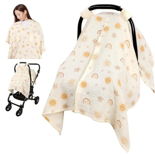 Car Seat Cover Baby Girls Boys, Summer Cotton Baby Car Seat Cover for Carseat, Comfortable Muslin Nursing Cover, Soft Baby Blanket, Breathable Lightweight Infant Stroller Canopy, Rainbow