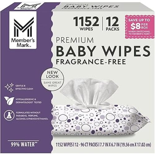 Member's Mark Fragrance Free Baby Wipes (Netcount 12 Pack 96 Wipes in Each), 12Count ()