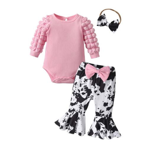 Newborn Infant Baby Girl Clothes Long Sleeve Romper Print Pants and Headband Outfits Set Pink 6-9 Months