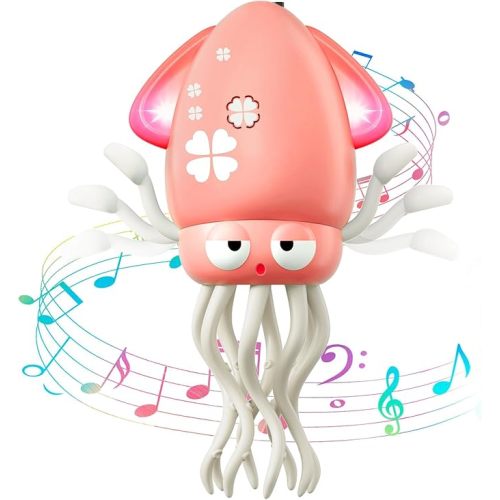 Dancing Squid Tummy Time Toy – Electric Crawling Octopus Baby Toy, LED Lights & Music (Pink)