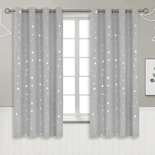 BGment Kids Curtains for Nursery, Star and Moon Blackout Curtains for Boys Girls Bedroom 63 Inch Length, Room Darkening Thermal Insulated Grommet Curtains, Light Grey, 2 Panels of 52 x 63 Inch