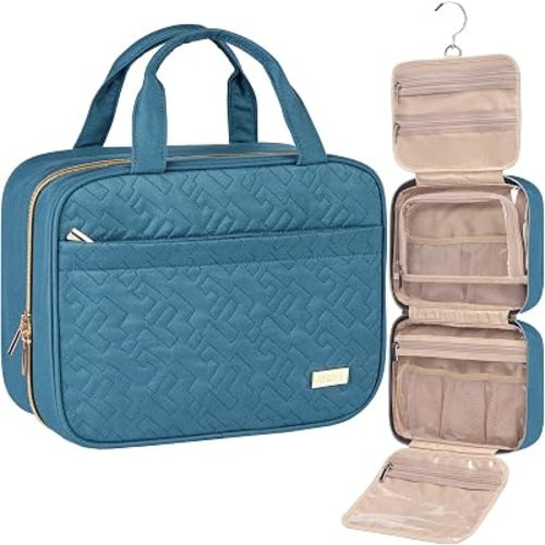 NISHEL Travel Toiletry Bag for women, Portable Hanging makeup Organizer | for Travel-Sized Shampoo, Conditioner, Brushes Set, makeup Accessories, Medium Size, Lake-Blue