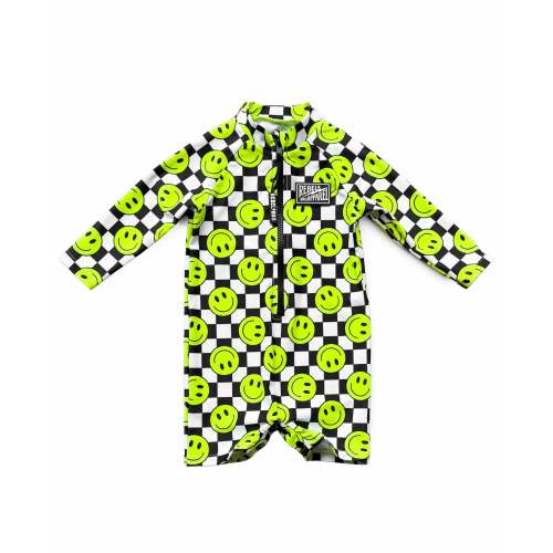 UPF50+ Boys Swim Romper in Neon Electric Lime Smileys